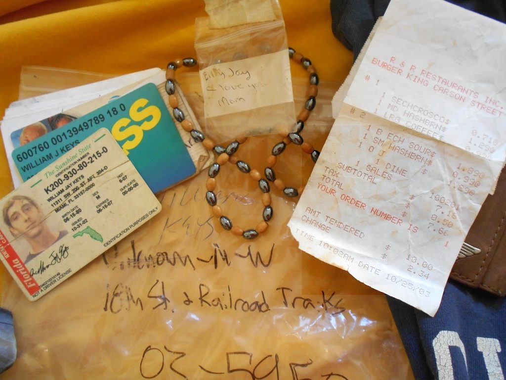 Billy Jay Keys ID. A necklace he never wore from me, his mom and the receipt in his wallet from breakfast at Burger King. Maybe the last meal he ever ate.