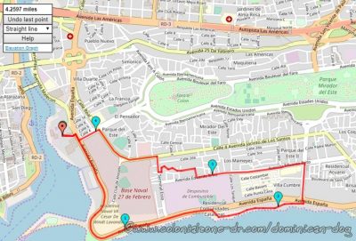 This is the map of our walk-about. 4.26 miles/6.85 kilometers. Starting on Ave. España to Malecón de la Ave. España, and returning home via Los Mameyes